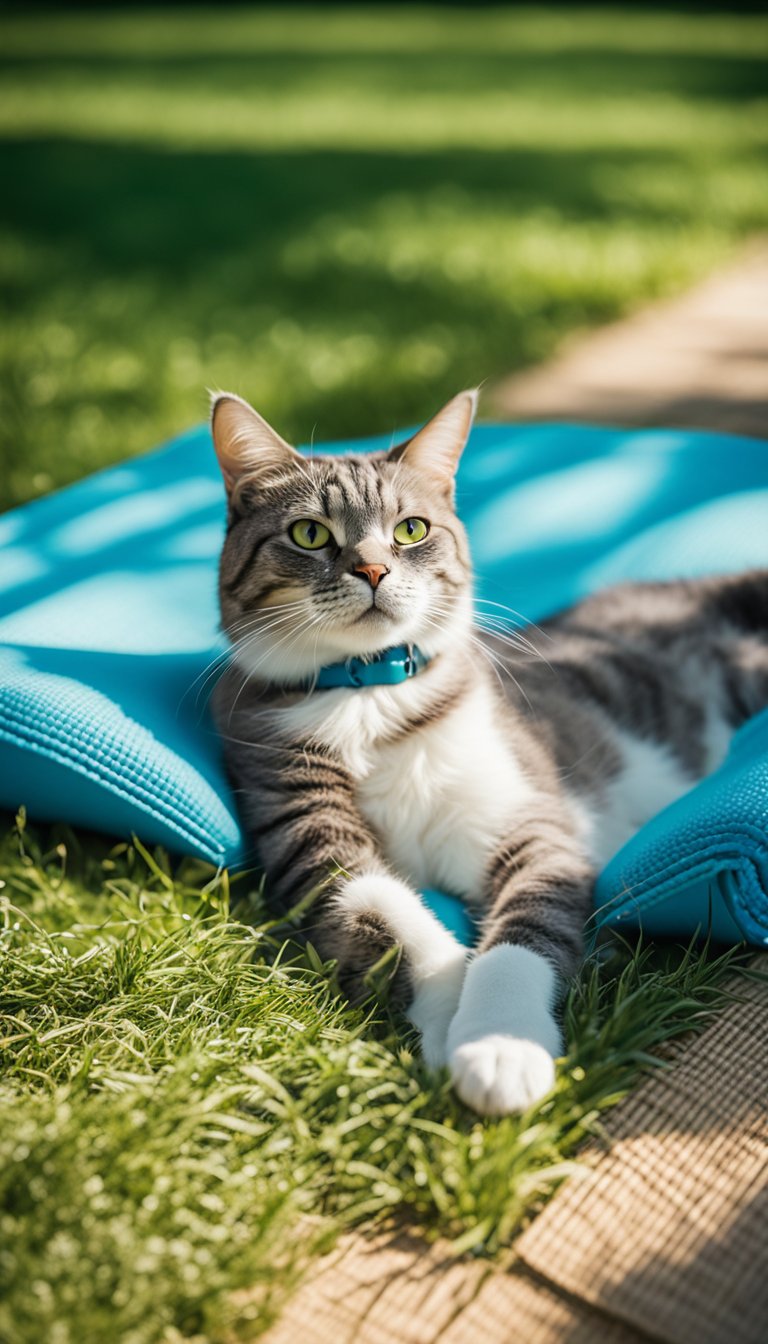 A cat lounges on a blue cooling mat, surrounded by green grass and bright sunshine. The Sealy Lux 13 DIY Cat Cooling Mat keeps the pet comfortable in the summer heat