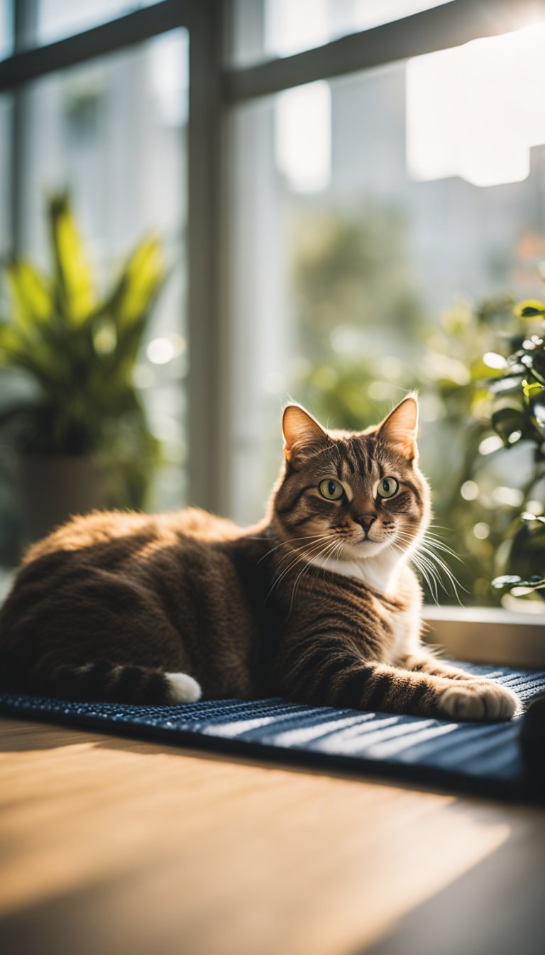 A cat lounges on a FurHaven water-resistant mat, surrounded by 13 DIY cooling mats. Sunlight filters through a nearby window, casting a warm glow on the scene