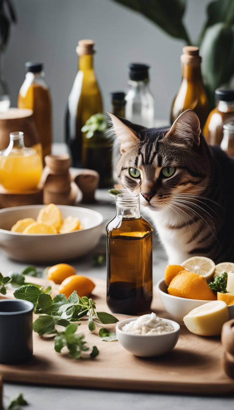 A table with various labeled bottles and ingredients, surrounded by happy, clean cats